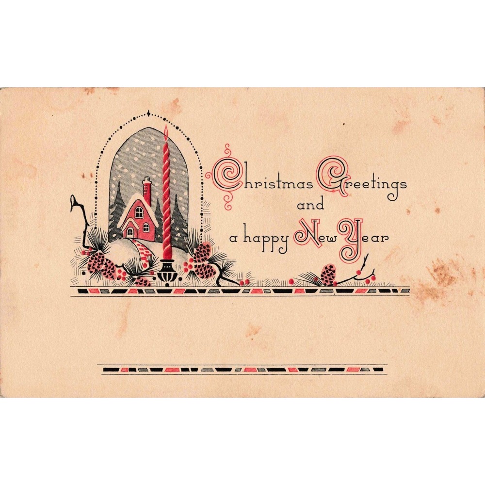 Vintage Christmas Greetings Happy New Year Card Red Black Cottage Candle G
